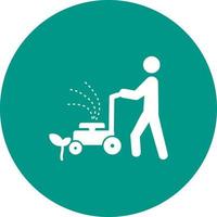 Person Mowing Grass Circle Background Icon vector