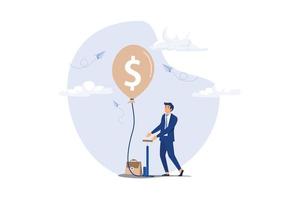 Investment bubble causing financial crisis, overvalued stock market or money inflation concept, businessman investor pumping air into big floating balloon with US Dollar money sign ready to burst. vector