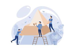 people connect the elements of the pyramid, vector illustration flat design style, symbol of teamwork, cooperation, partnership, advancement, pyramid puzzle vector. flat design modern illustration