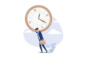 Time management failure, freedom to spend time with family and loved one, overworked or office worker routine work overtime concept, depressed businessman salary man carry heavy big clock burden. vector