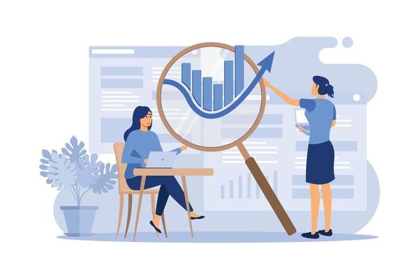 office workers are studying the infographic, the analysis of the evolutionary scale vector. flat design modern illustration