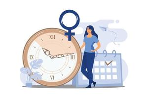 Young woman marks the date of her period in the online calendar. App for tracking menstrual cycle and ovulation, delayed menstruation. flat design modern illustration vector