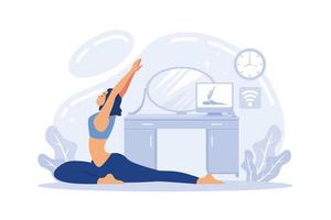 estudios de yoga que transmiten clases en línea. chica viendo tutoriales deportivos en línea en una computadora portátil y haciendo ejercicio en casa. ilustración vectorial plana