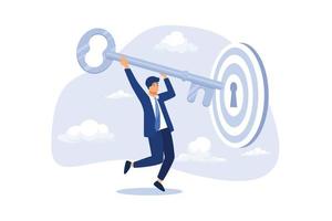 Key to success and achieve business target, KPI, career achievement or secret for success in work concept, businessman putting golden key into bullseye target key hold to unlock business success. vector
