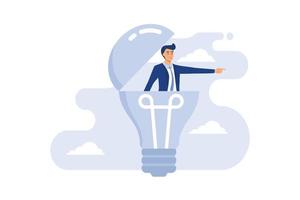 Creativity to help see business opportunity, vision to discover new solution or idea, curiosity, searching for success concept, businessman open lightbulb idea using binoculars to see business vision. vector
