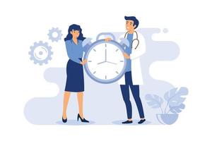 Happy doctor and patient holding alarm clock. Woman and man in uniform setting time for medication or appointment flat vector illustration. Health, medicine concept for banner or landing web page
