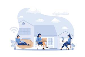 group of people working from home on the internet online, creative space, self-isolation, freelancer working on laptop vector, flat design modern illustration vector