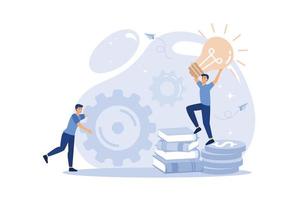 little people links of mechanism, business mechanism, abstract background with gears, people are engaged in business promotion, strategy analysis, communication. flat design modern illustration vector