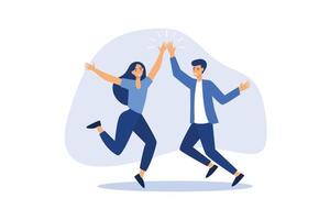 Team success winners, hi five or congratulation on business goal achievement, collaboration or encouragement concept, happy businessman and woman teamwork coworkers jumping and hi five clapping hands. vector