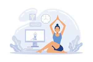 estudios de yoga que transmiten clases en línea. chica viendo tutoriales deportivos en línea en una computadora portátil y haciendo ejercicio en casa. ilustración vectorial plana