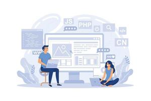 cursos de programación concepto de diseño web con personas. estudiantes que estudian con la escena de las computadoras. en línea cursos de composición en estilo plano. vector