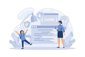 IT education. Student write software and create code for computer. Digital technology for website, interface and devices. Vector illustration.