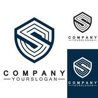 Letter S monogram and shield sign combination. Line art logo design concept. vector