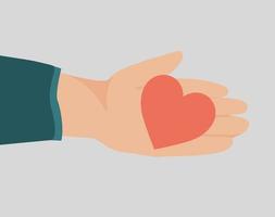 Woman's or man's hand holds a red heart to celebrate Valentines day. A big human hand entrust his heart to his lover. Concept of love confession and romantic couple. Vector illustration.