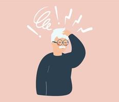 Older man has loss of short term memory. grandpa or grandfather has difficulty to remember things. Concept of Alzheimer disease, symptoms of dementia and mental health illness. Vector illustration