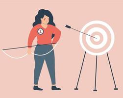 Strong girl shooting a bow and hits the target. Businesswoman achieve her goals in career and life. Woman hits the bull's eye of the dartboard. Concept of Archery, business victory and empowerment.