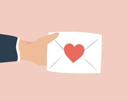 Human hand holding a big paper envelope with a red heart as a sign of love in valentine's day. Concept of confession of love, philanthropy, charity and donation. Vector illustration