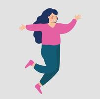 mujer joven feliz saltando con las manos levantadas sobre un fondo aislado. niña sonriente corriendo con alegría. concepto de éxito, bienestar de la salud mental, estilo de vida saludable y entrenamiento. material vectorial vector