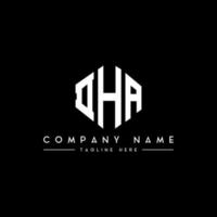 DHA letter logo design with polygon shape. DHA polygon and cube shape logo design. DHA hexagon vector logo template white and black colors. DHA monogram, business and real estate logo.