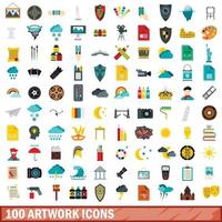 100 artwork icons set, flat style vector