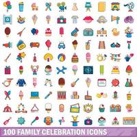 100 family celebration icons set, cartoon style vector