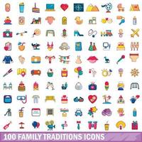 100 family traditions icons set, cartoon style vector