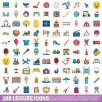 100 leisure icons set, cartoon style