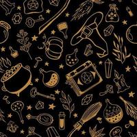 Seamless pattern with hand drawn magic tools, concept of witchcraft. Witchcraft, magic background for witches and wizards.