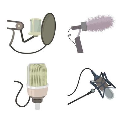 Studio microphone icon set, cartoon style