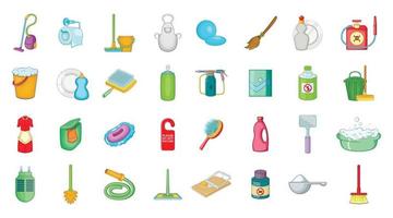 Cleaning tools icon set, cartoon style vector