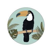 insignia con un tucán en una rama y hojas tropicales en un círculo. ilustración vectorial plana. un pájaro exótico.