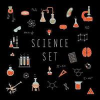 Science Set With Elements Of Science. Flasks, Mikrokop, Formulas And More. The Concept Of Physics, Chemistry, Biology. vector