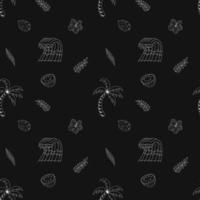 Seamless Pattern With Elements For Surfing. Palm Trees, Waves And Surf Boards In The Doodle Style. vector