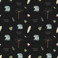 Seamless Pattern With Elements For Surfing. Palm Trees, Waves And Surf Boards In The Doodle Style. vector