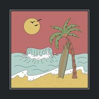 Badge With The Sea, Palm Trees And Surfboards In A Square. Flat Vector Illustration. The Concept Of Surfing.