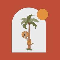 A Snake Around A Palm Tree. Flat Vector Illustration In Vintage Style.