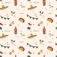 Seamless Pattern With Mexican Elements. Cactus, Skull, Hat And More. Hand Drawn Flat Vector Illustration.