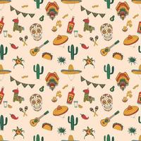 Seamless Pattern With Mexican Elements. Cactus, Skull, Hat And More. Hand Drawn Flat Vector Illustration.