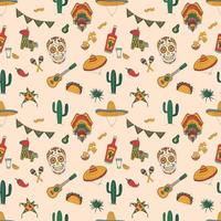 Seamless Pattern With Mexican Elements. Cactus, Skull, Hat And More. Hand Drawn Flat Vector Illustration.