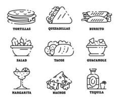 conjunto de iconos de comida mexicana, estilo de contorno vector