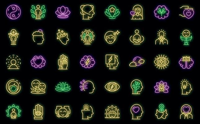 Mindfulness icons set outline vector. Mind stress vector neon