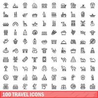 100 travel icons set, outline style vector