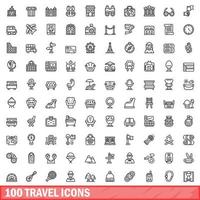 100 travel icons set, outline style vector