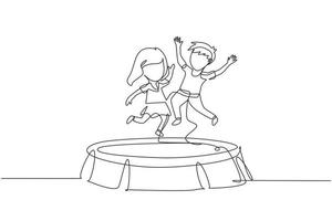 dibujo continuo de una línea feliz niña y niño saltando juntos en trampolín. lindos niños pequeños saltando en un trampolín redondo. juegos al aire libre para niños activos. gráfico vectorial de diseño de dibujo de una sola línea vector