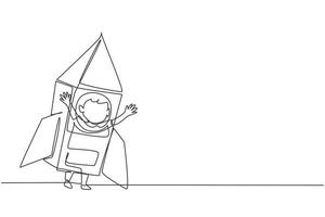 Single continuous line drawing cute creative little boy playing as astronaut. Happy and lovely kid in rocket costume made of cardboard boxes. Dynamic one line draw graphic design vector illustration