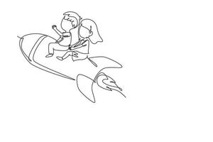 Continuous one line drawing happy boy and girl sitting on flying rocket. Preschool kids. Children sitting on rocket. Back to school. Educational. Single line draw design vector graphic illustration