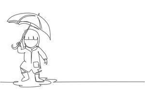 Continuous one line drawing little girl play wear raincoat and umbrella. Child playing in rain. Kid in raincoat and rubber boots plays in rain, puddle splashing. Single line draw design vector graphic