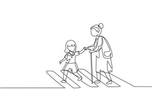 una niña dibujando una sola línea ayuda a la anciana a cruzar la calle en el cruce de peatones. ayudar a la abuela a cruzar. tráfico de seguridad. ilustración de vector gráfico de diseño de dibujo de línea continua moderna