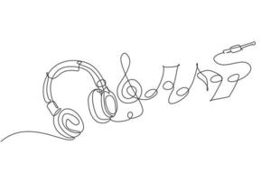 Single continuous line drawing headphones. Music gadget and note. Audio headphone outline sketch. Lineart vector concept of musical symbol. Dynamic one line draw graphic design vector illustration