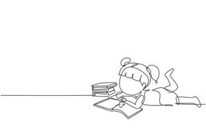 Single continuous line drawing little baby girl is reading book and dreaming lying on floor. Pile of books. Source of knowledge. Intelligent student. One line draw graphic design vector illustration